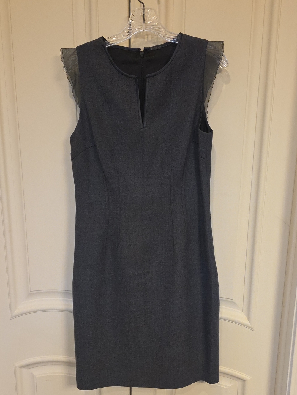 Elie Tahari Dark Gray Sheath Dress with Mesh Cap Sleeves